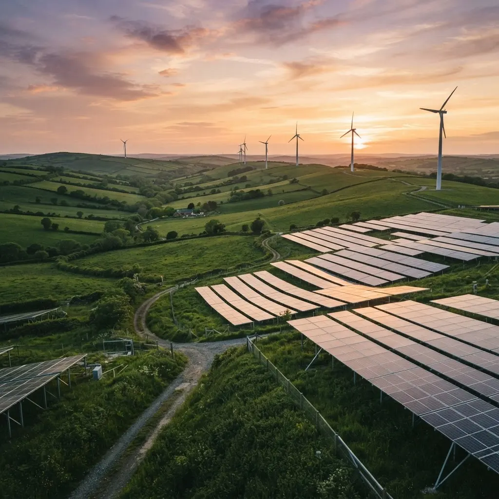 Solaranlagen und Windräder in einer grünen Landschaft bei Sonnenuntergang