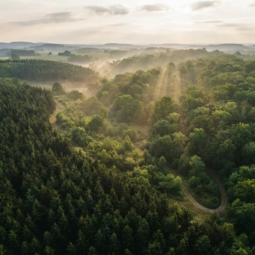 Mischwald im Übergang von Nadelforst zu naturnahem Laubwald im Morgenlicht