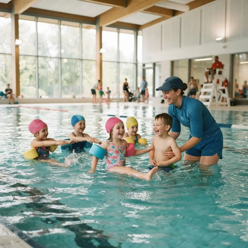 Kinder lernen schwimmen in einem hellen, modernen Hallenbad